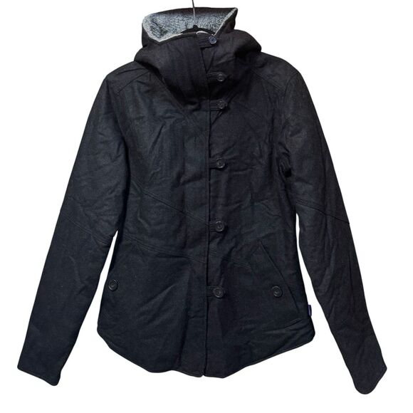 Patagonia Vegabunda Reversible Coat Jacket M Black Gray Merino Wool Blend Hooded - Picture 1 of 12